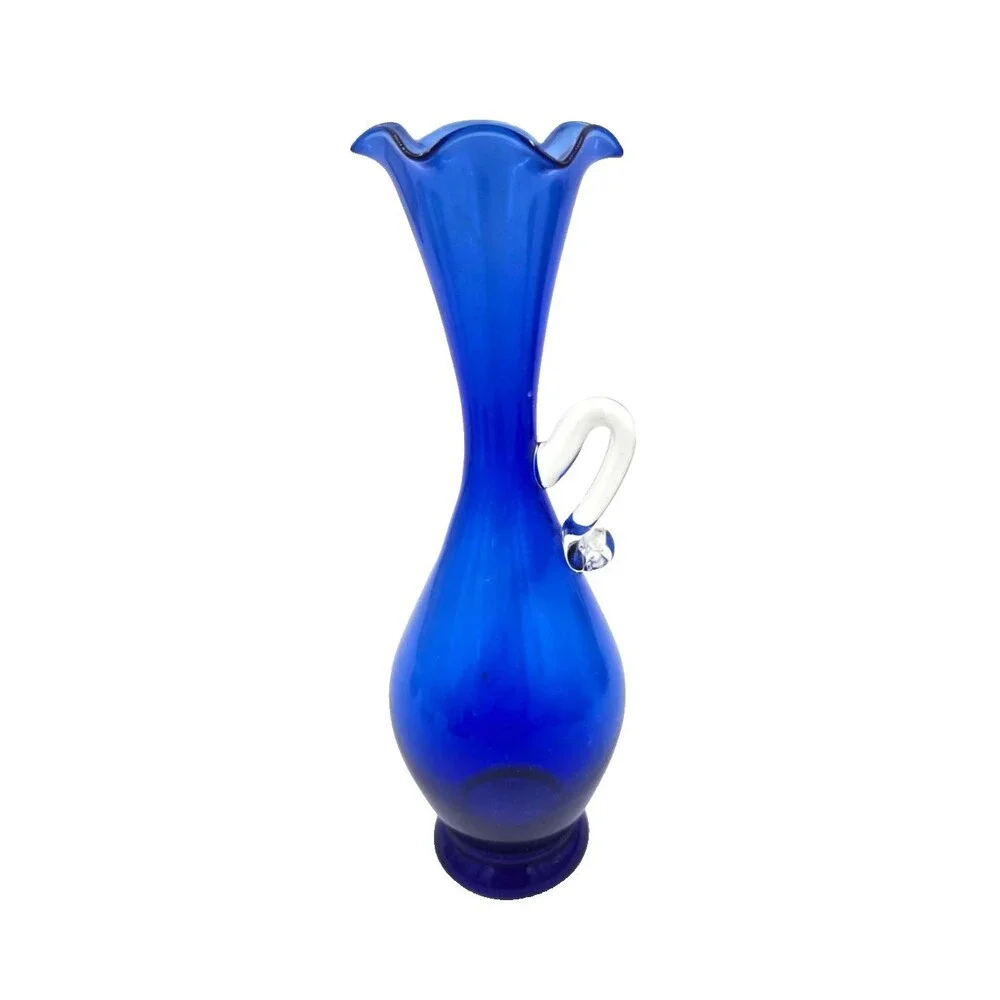 Vintage EMPOLI ART GLASS Pitcher Vase Blue Hand Blown w Clear Handle 8